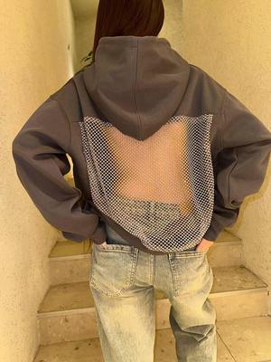 2025 Autumn/Winter Women's Solid Color Backless Mesh Hoodie