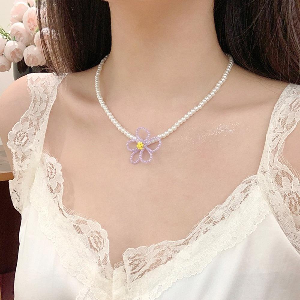 Handmade Imitation Pearl Necklace Colorful Beads Choker Creative Flower Necklace  Girls