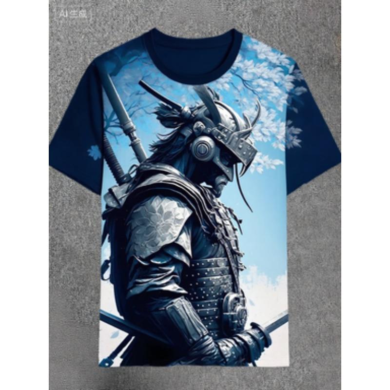 Herren Sommer Retro Samurai T-Shirt - 3D Druck Lässiges Kurzarm Rundhals T-Shirt, Japanisches Streetwear