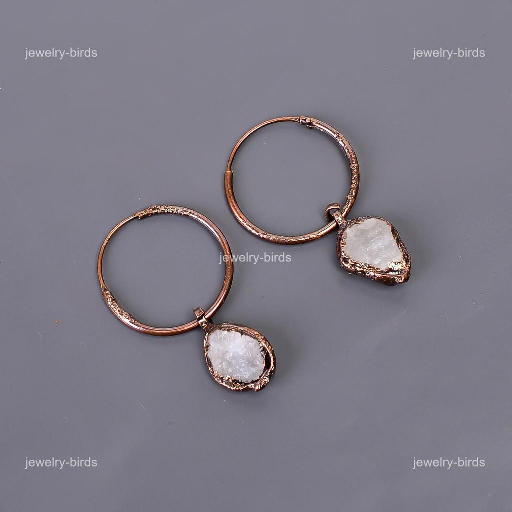 Rainbow Moonstone Gemstone Copper Dangle Birthday Electroformed Earrings Jewelry V-110