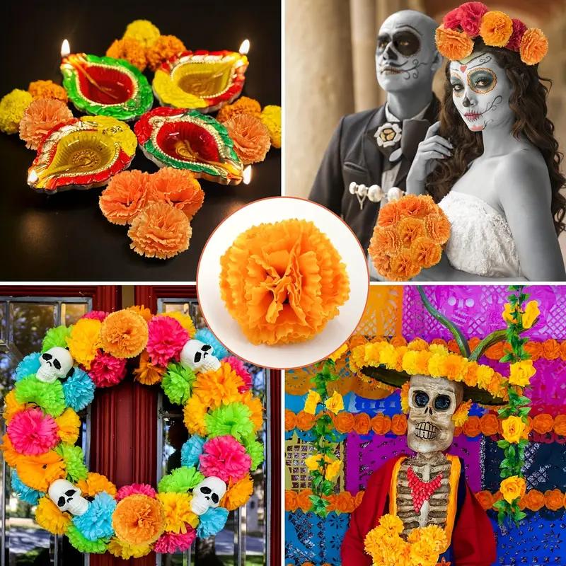2.17 InchMexican Marigold Artificial Flowers Day of The Dead DIY Garland String Halloween Diwali Party Home Outdoor Decoration