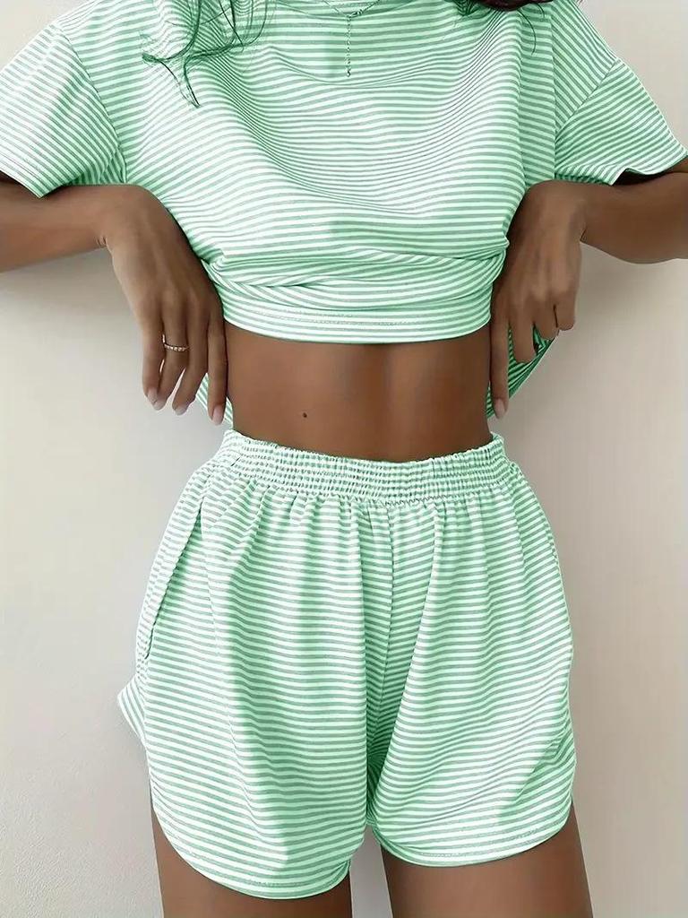 2026 Women's Summer Striped Short-Sleeve Elastic Waist Shorts & Top Set for Comfort