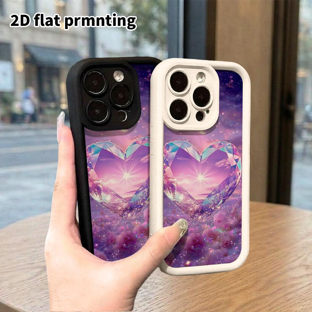 Phone Case: 2D flat design suitable for iPhone 18 17 16 15 14 13 Pro step protection case, heart-shaped crystal gems, Christmas and Halloween gifts