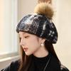 New Autumn and Winter Women's Retro Plaid Beret Painter Hat Warm Women's Winter Knitted Wool Hat Outdoor Travel Windproof Hat