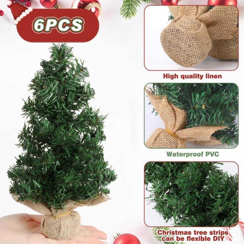 6pcs Mini Christmas Tree with Burlap Base 20cm Tree Tabletop Decor Holiday Party Shop Window Display Festive Season Decoration
