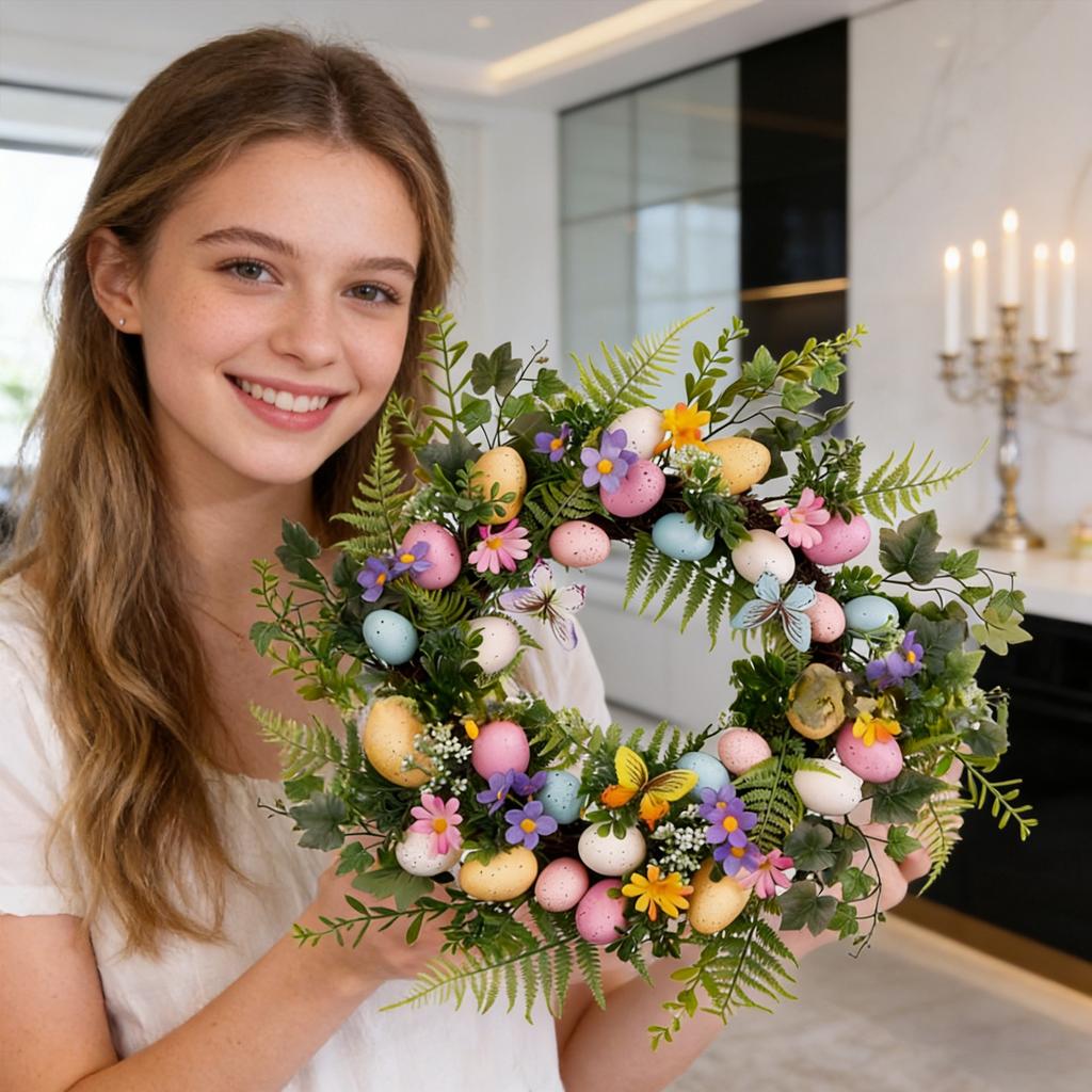 Easter Decor Wreath - Artificial Foliage, Blooms & Egg Accents | Festive Door/Wall/Porch Ornament For Home & Easter Parties | Reusable Spring Holid