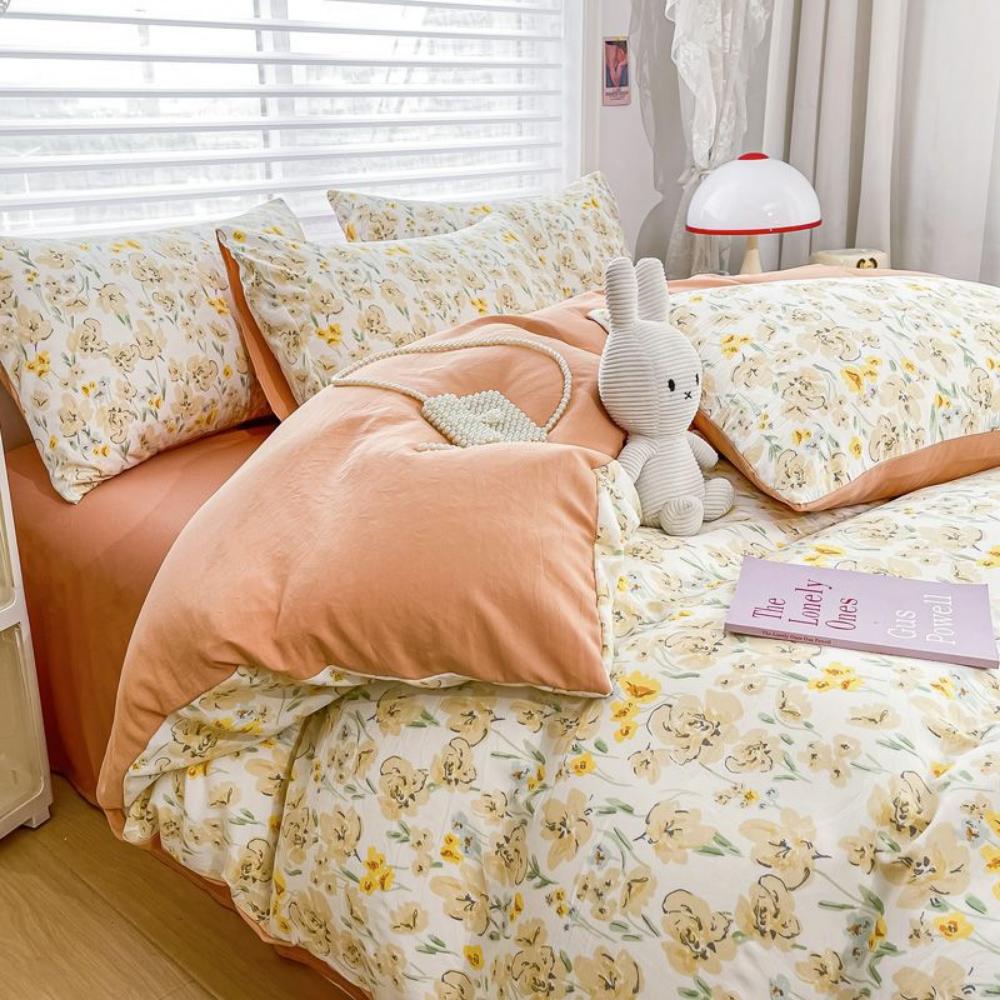 Washed Cotton and Linen Four-piece Set, Double-layer Yarn Quilt Cover, Bed Sheet, Dormitory Three-piece Set, Bedding