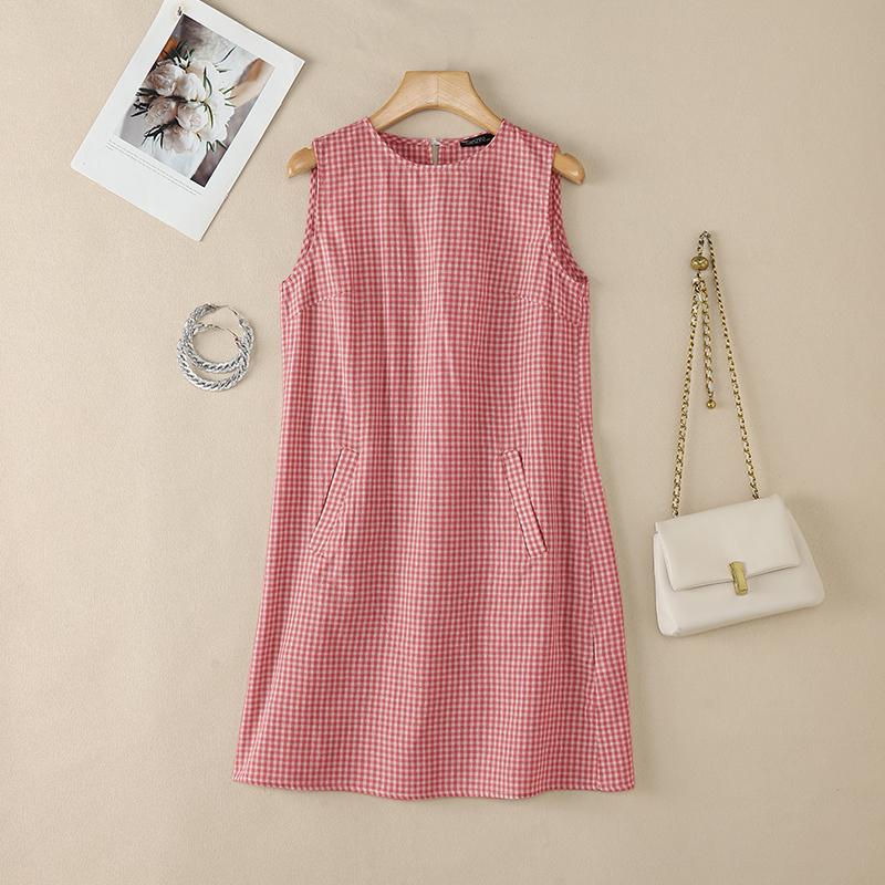 

ZANZEA Women Plaid Print Casual Round Neck Sleeveless Dress 5XL червоний