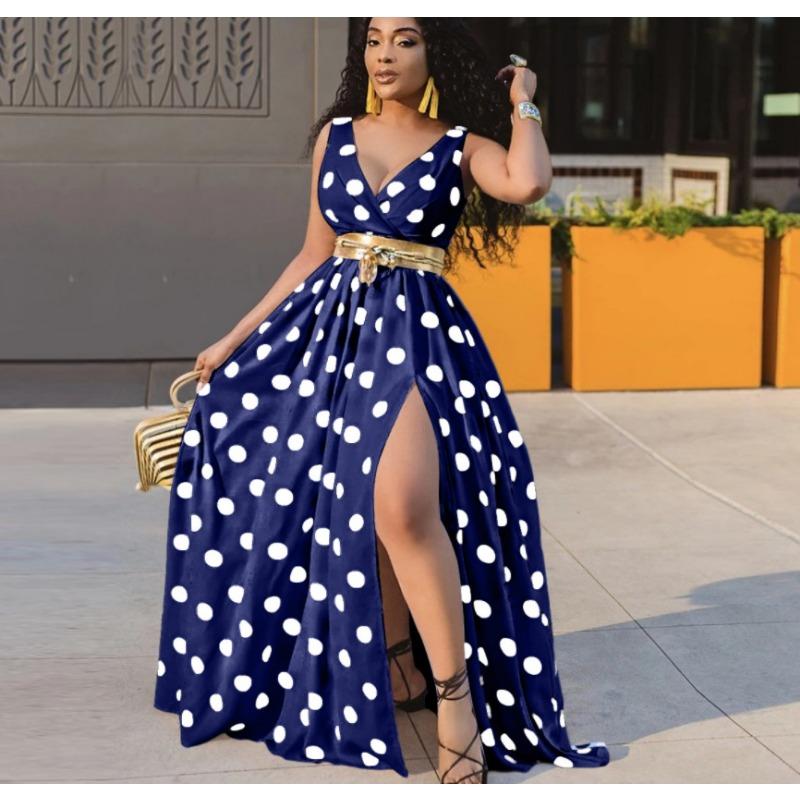 Women's Printed Waistband, Mid Waist Temperament, Commuting Long Dress, Sexy Slit Dress with Belt