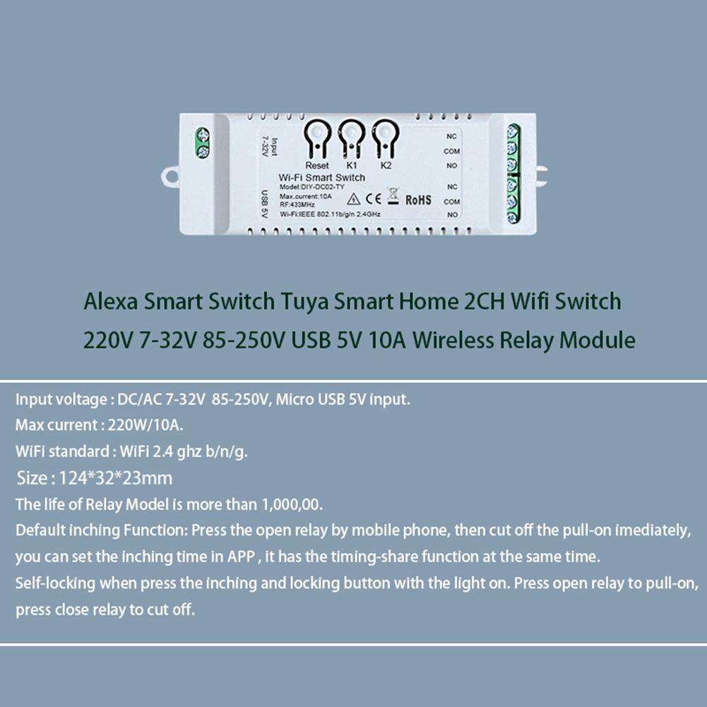 7-32V/85-265V WIFI Relay Switch Module Work with Alexa Google Home Smart Switch Module Smart Life APP 2CH RF 433MHZ