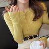 Women Long Sleeve Knitted Sweater Spring Autumn Button O Neck Inside Tight Knit Pullover Top
