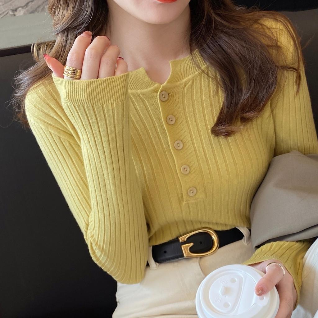 Women Long Sleeve Knitted Sweater Spring Autumn Button O Neck Inside Tight Knit Pullover Top