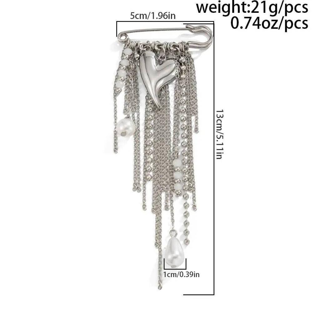 SHIXIN Trendy Charm Metal Heart Brooch Women Hyperbole Silver Color Imitation Pearl MultiLayer Tassel Brooches Jewelry Accessory
