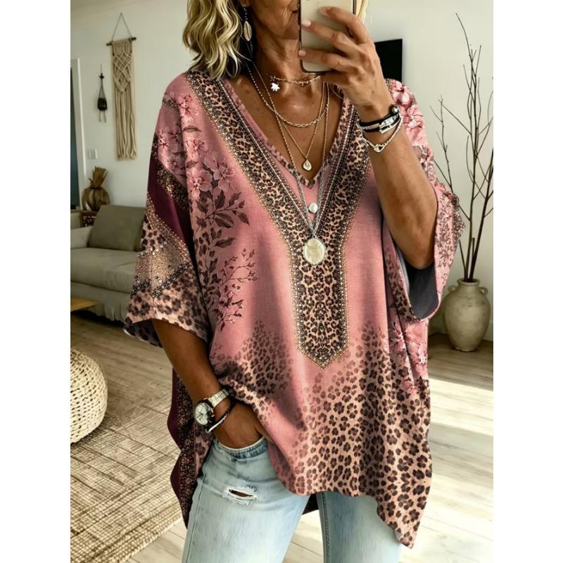 Damen V-Ausschnitt T-Shirt in Übergröße, Retro Casual Top, mit Print-Design, modisch und vielseitig, maschinenwaschbar.