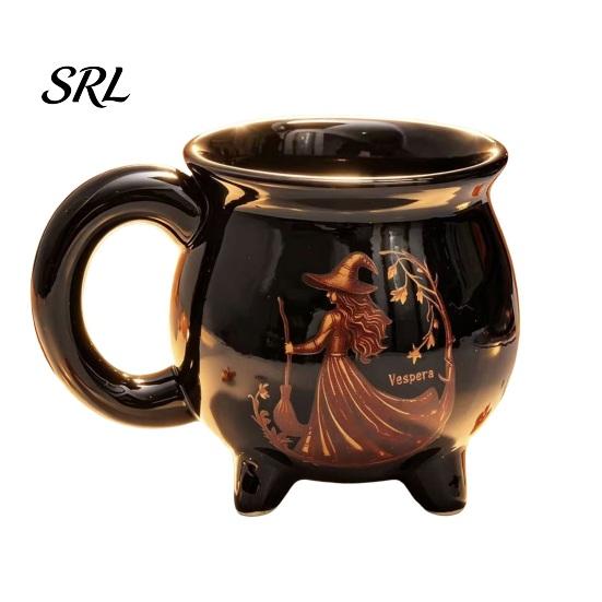 Halloween Tea Drinkware Witch Coffee Mug with Three Legged Cauldron Design, Non Slip Handle Ceramic Decorative Witchcraft Prop Cup, 370ml Capacity for