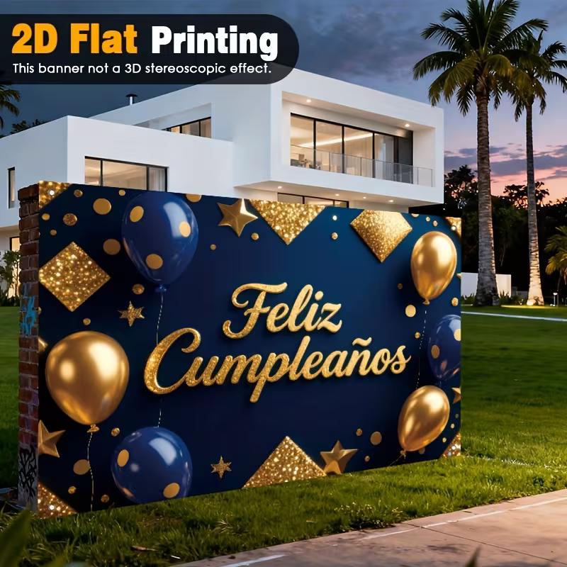 2D Navy Blue Gold Feliz Cumpleaños Backdrop Adult Birthday Photo Booth