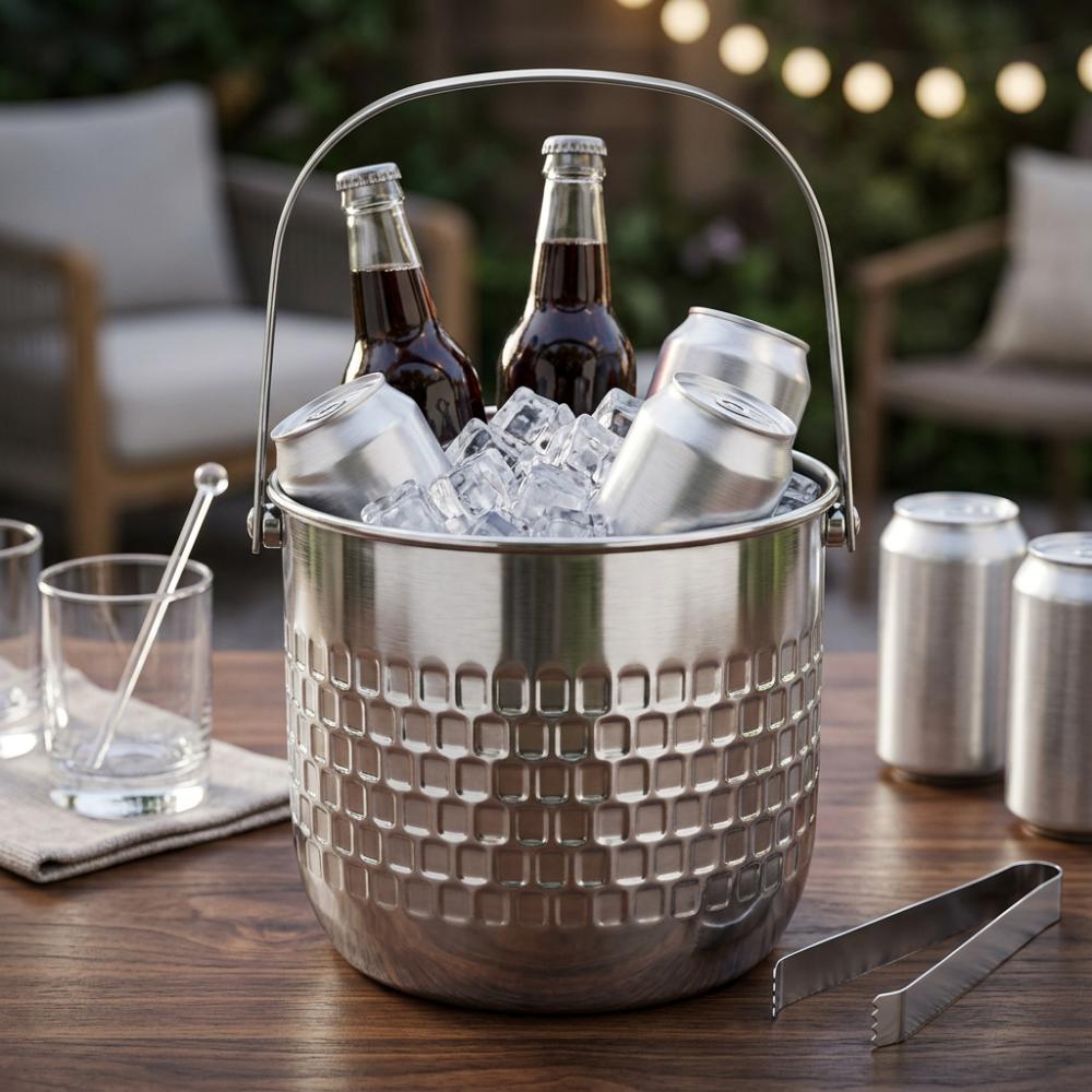 Double Layer Wine Chiller Bucket Stainless Steel Wine Bottle Cooler Portable Wine Bucket Picnic серебряный
