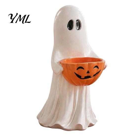Kid Friendly Halloween Ornaments Resin Ghost Statue with Pumpkin Candy Bowl, Cute Figurine, Trick Multi Functional Storage Figure or Treat Holder for