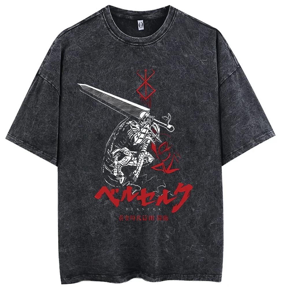 Vintage Washed Oversized Short-Sleeve T-Shirt Featuring Berserk Guts In Berserker Armor, Dragonslayer Sword and Giant Wolf Head Sketch Graphic Print