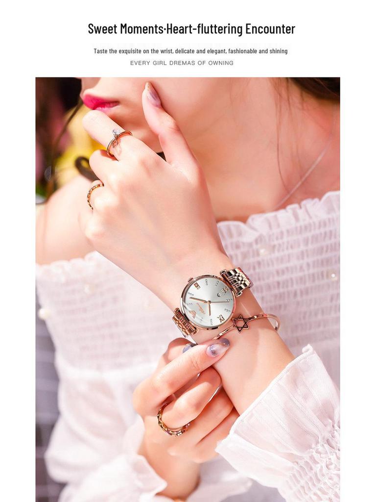 High-End Women's Quartz Watch with Genuine Diamond-Set Steel Band