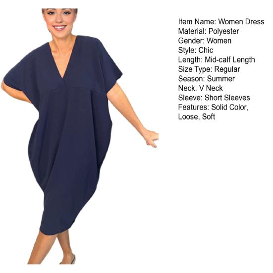 Dámské letní šaty s výstřihem do V, pytlovité, volné, tenké, s krátkým rukávem, rychleschnoucí, áčkové, délka do poloviny lýtek, ležérní, denní nošení, midi šaty