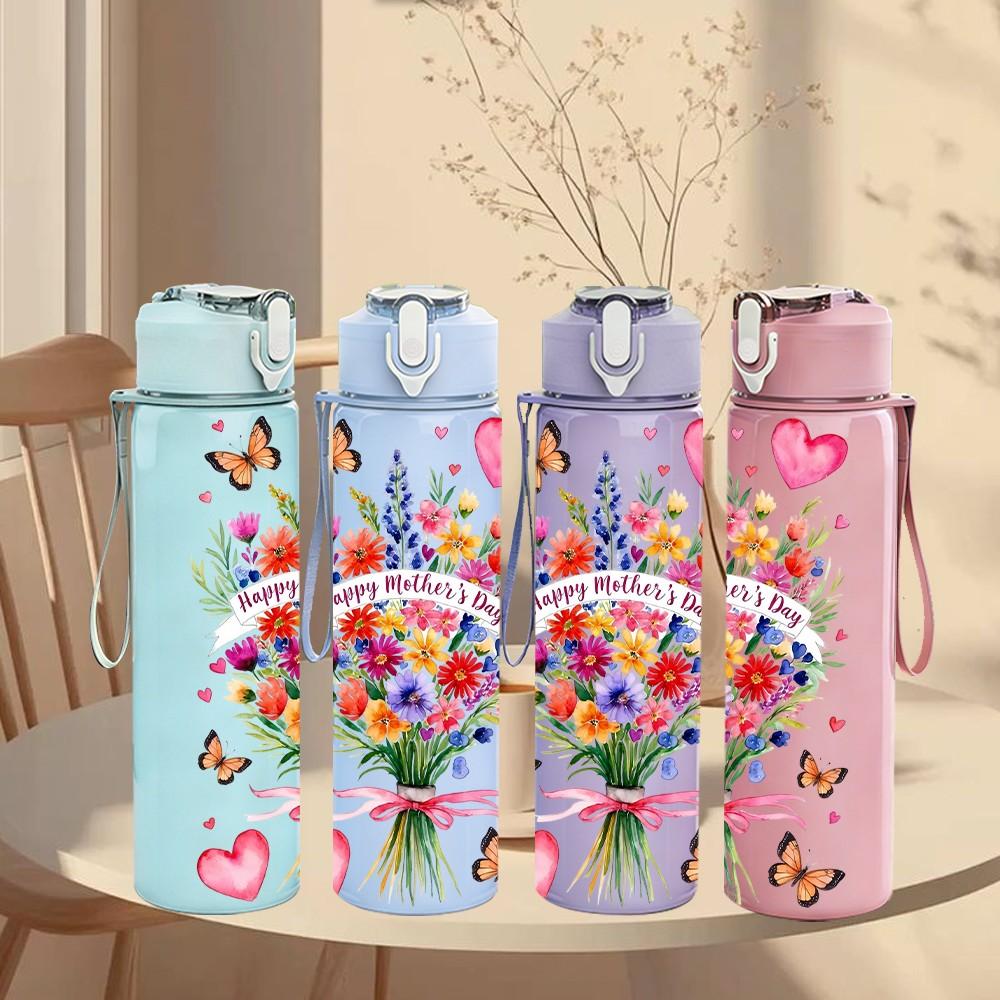 1PC Heart Shaped Bouquet Butterfly Pattern 750ml Color Plastic Sports Water Bottle Leakproof Flip Straw Lid Suitable for Sports Office Home Use