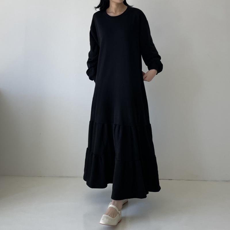 

Spring Summer Sweatshirt Dress Women Ruffle Hem Loose Midi Dress Lantern Sleeve Knee Length L