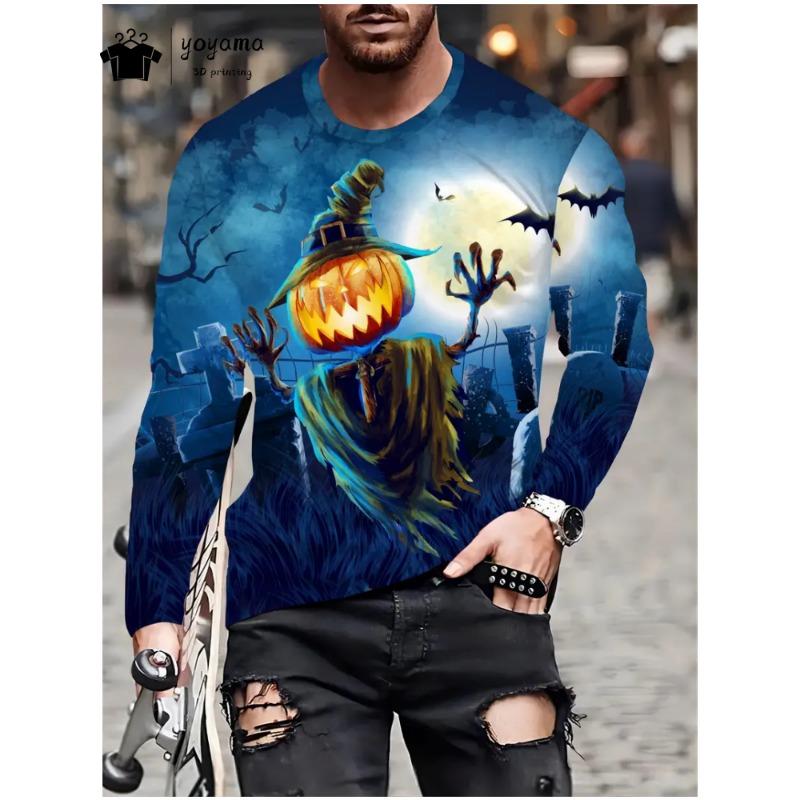 Męska koszulka z nadrukiem na Halloween, męska koszulka z długim rękawem i okrągłym dekoltem, odzież męska, męskie koszulki z grafiką na Halloween, codzienna odzież męska, topy