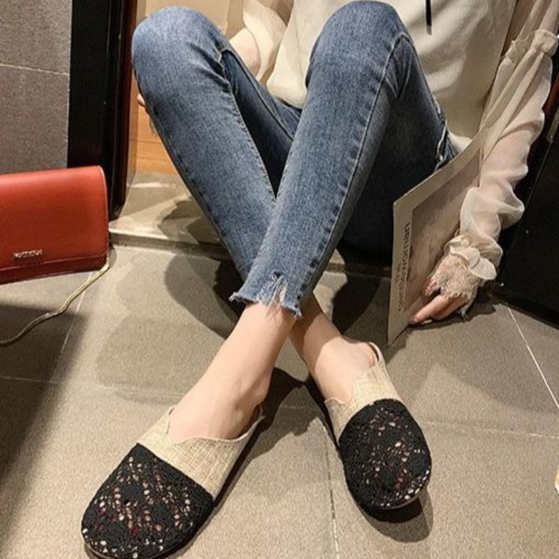 Round-headed, Wrapped-toe Flax Half-slipper for Women, 2026 Summer Wear, Flat-soled, No Heel, Slip-on, Hollow-out Sandals