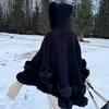 Poncho a mantella da donna con cappuccio e bordi in finta pelliccia, scialle invernale caldo con apertura frontale, mantella oversize