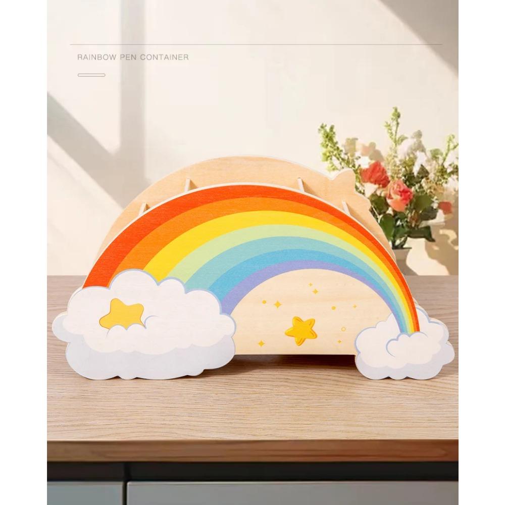 Lovely Wooden Rainbow Pen Container Multi-Compartment Pencil Case Desktop Stationery Organizer for School Office Gifts for Kids