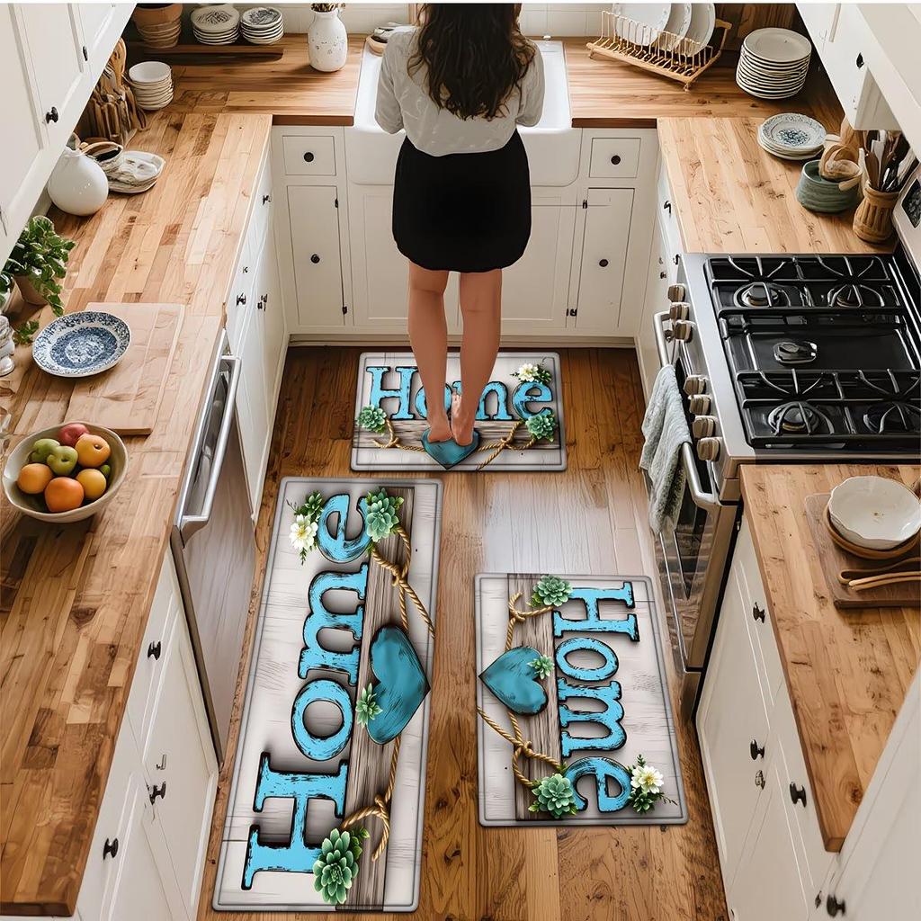 Spring Floral Series Kitchen Floor Mats - Dirt-Resistant, Wear-Resistant, Easy-to-Clean, Three-Piece Set