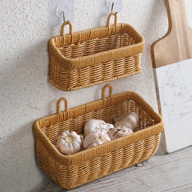 Woven Hanging Basket for Kitchen Storage: Ginger, Garlic, Onion, Egg, Fruit - Imitation Rattan Wall Basket