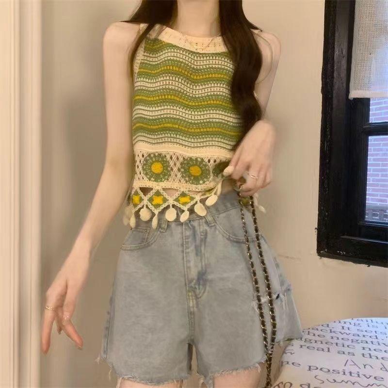 Hollow Flower Embroidery Knitted Crochet Camisole Summer Women's Retro Ethnic Design Tassel Short Top