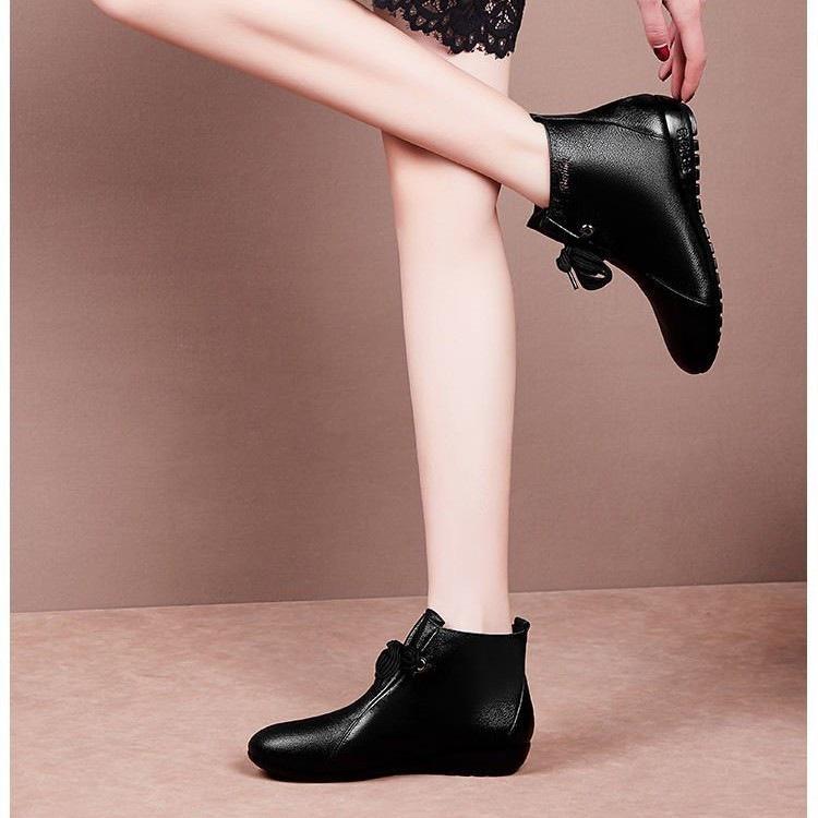 Thick-soled Soft Leather Cotton Boots Women's Versatile New Winter Non-slip Martin Boots Warm and Velvet Flat-bottomed Short Single Boots