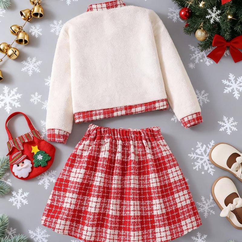 Süßes Mädchen-Set: Herbst Kinder Mode Roter Karorock & Florale Kurzarmjacke Zweiteiliges Set