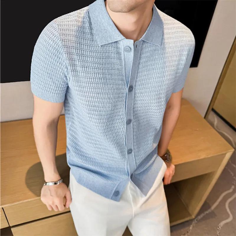 Sommer Herren Strick Poloshirts Kurzarm Smart Casual Leicht Turn-Down-Kragen Leinen Strick Cardigan Herren Atmungsaktive Polos