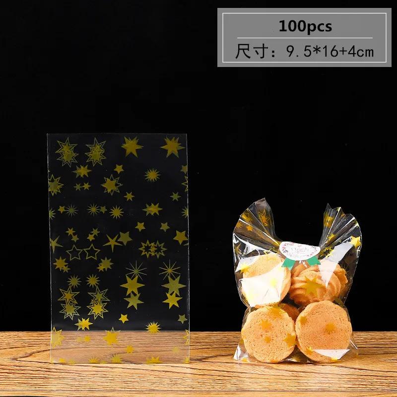 

100Pcs Golden Star Baking Candy Biscuit Flat Pocket Stand Packaging Snowflake Nougat New Year Gift Bags Other