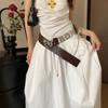 Vintage Western Style Brown Rivet Belt Female Niche Design Flower Waist Rope with Skirt Jeans Waist Seal Accessories