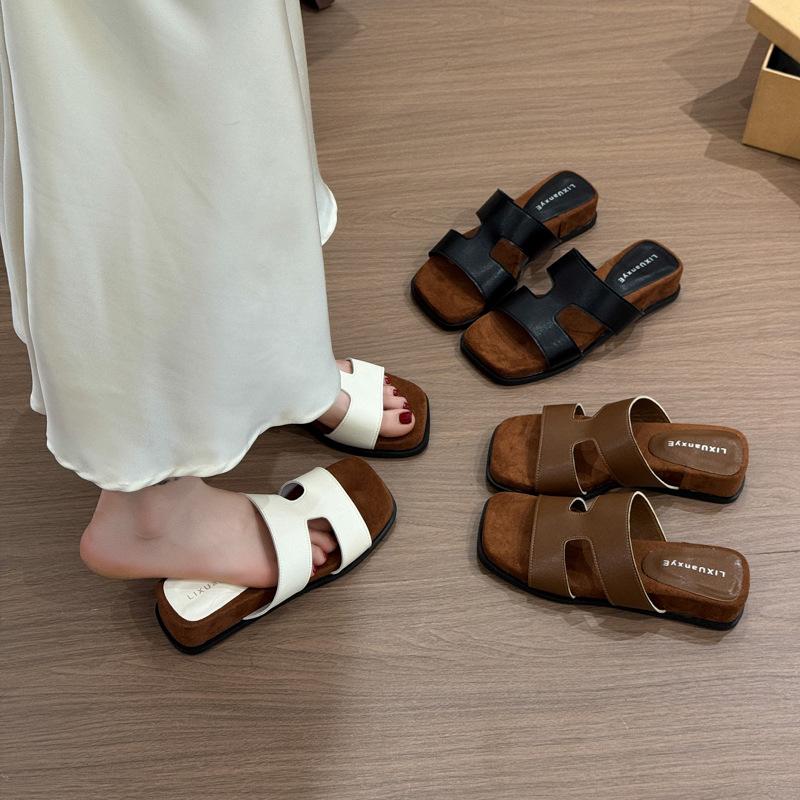 French retro square head platform slippers women wear 2025 new fairy style with skirt seaside sandals