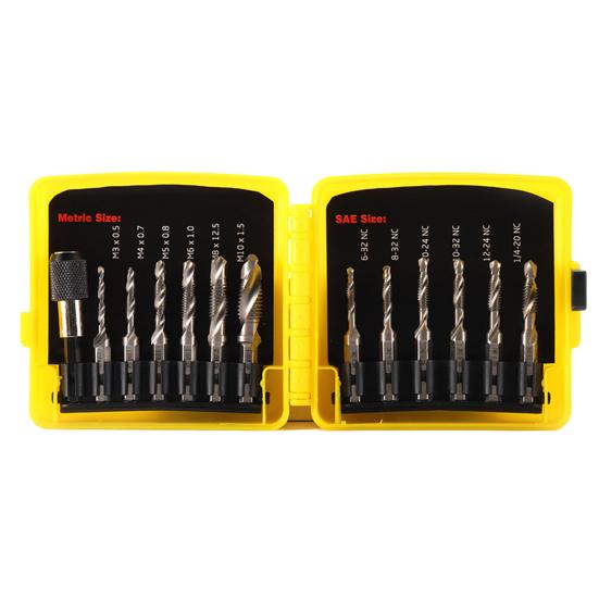 13ks/Sada SAE Metrická Sada Závitníků se Skladovacím Pouzdrem Velmi Odolná Rychlořezná Ocel Šestihranná Stopka Kombinovaný Vrták Závitník Sada