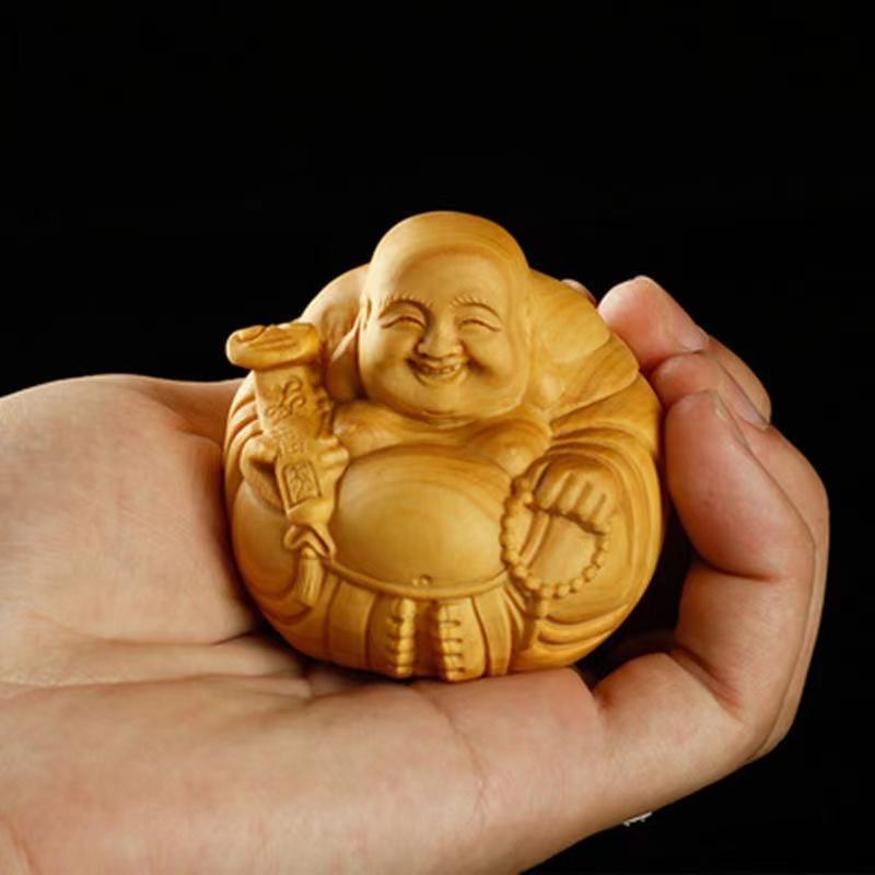 Natural Solid Wood Carving Laughing Buddha, Figure Statue Chinese God of Wealth Cute Home Room Office Car Decoration Figurine