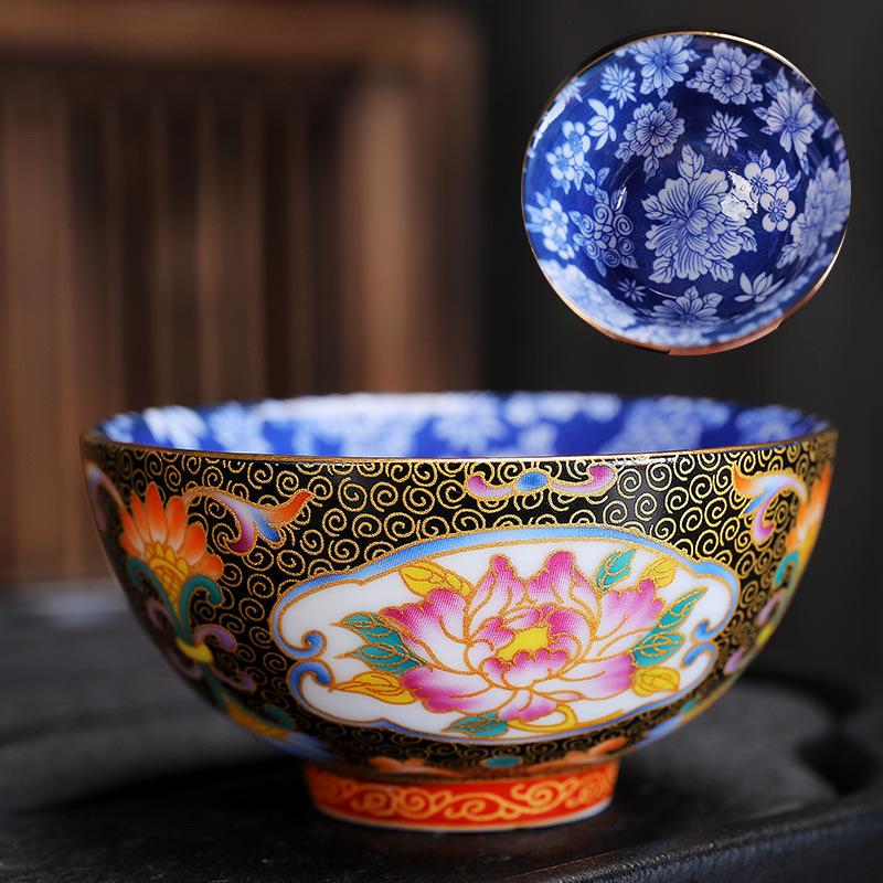Ceramic Enamel Color Tasting Single Blue and White Douli Japanese Style Filigree Tea Bowl Kung Fu Master Cup Gift Bo
