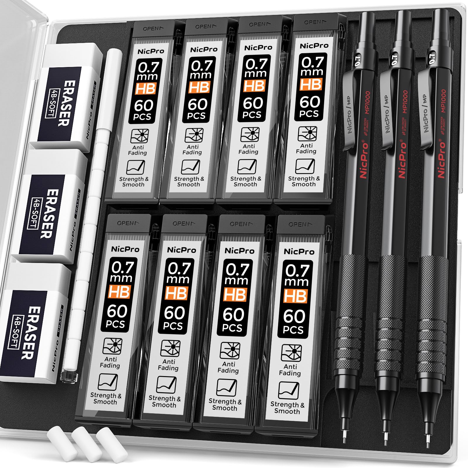 

Набор механических карандашей Nicpro с металлическим художественным карандашом, 8 туб стержней HB 3 и 9 ластиков для и черный 0,7 мм кейс, стержни, ластики, архитектурный,