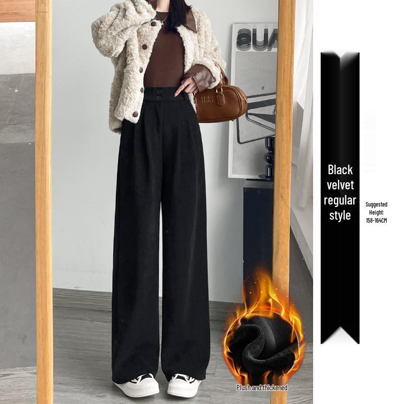 Women's High-End Black Drapey Straight-Leg Wide Suit Pants - Slimming, Casual Fit for Spring/Summer, Ideal for Pear-Shaped Bodies.