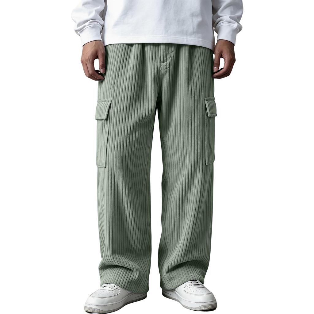 Men's Vintage Corduroy Pants with Vertical Stripes, Loose Fit Straight Leg Casual Work Trousers