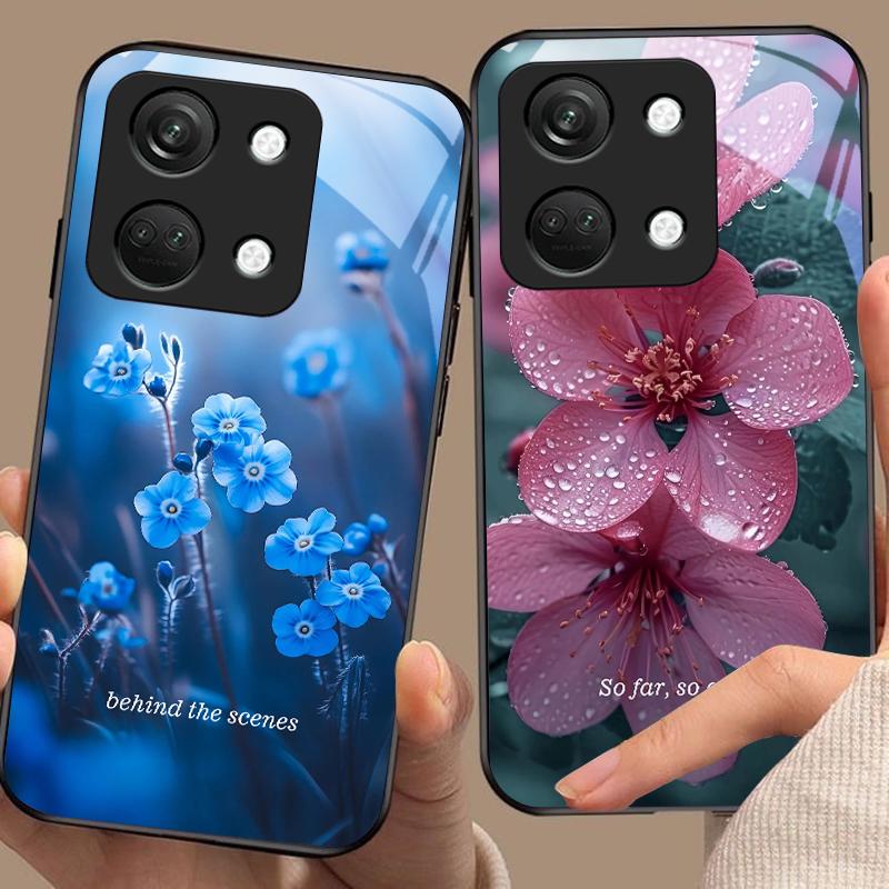 Blue Flower Element For OnePlus Nord 3 5 6T 7 Pro 8 12 10T Reno8 Lite 5G 10R Nord N30 Shell Tempered Glass Phone Case Black