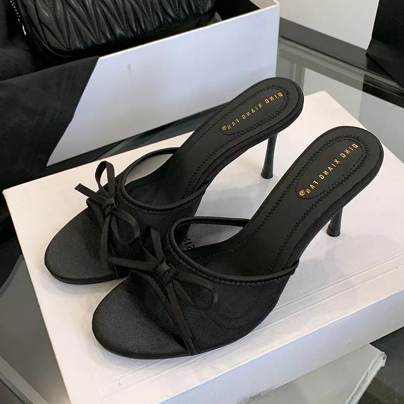 

Sexy High Heeled Slippers Women Fashion Mesh Bowknot Summer Slide Sandals Luxury Designer Brand Heels for Ladies Sandalias Mujer 40 чёрный