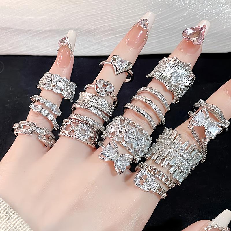 Premium Sense Row Diamond Petal Opening Ring Full Diamond Shiny Exquisite Zircon Light Luxury Personality Ring Woman