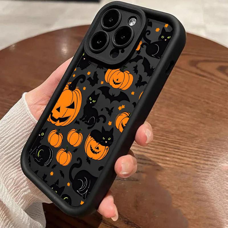 Halloween Cat Pumpkin Bat Silicone Soft TPU Phone Case for iPhone 16 Pro Max 15 Plus 14 13 12 11 17 Air 16E Shockproof Cover